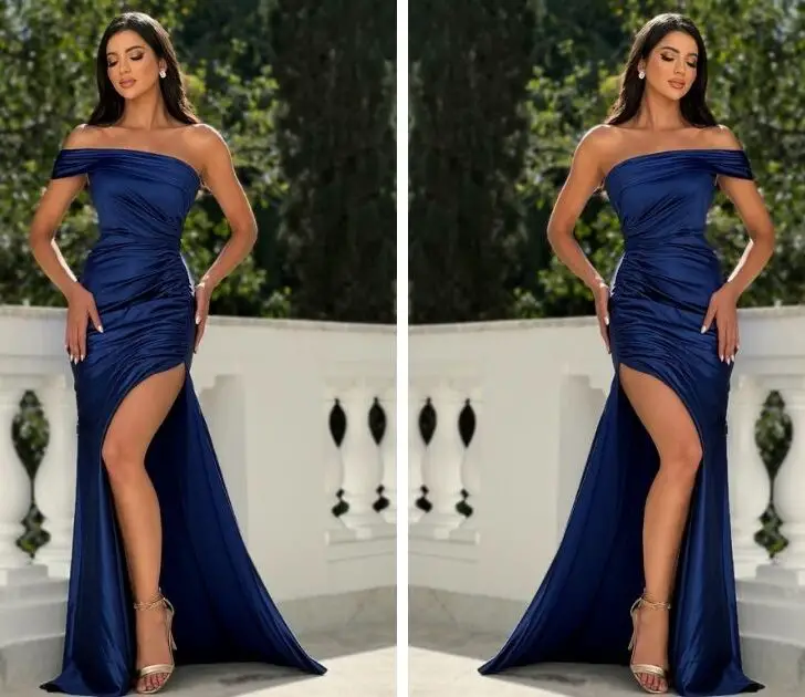 Azul Marinho Vestido Azul Com Renda Dourada Casamento Vestido Azul