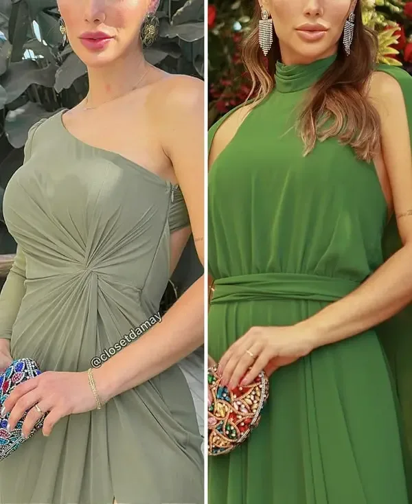 Vestidos verde oliva com brincos dourados e prata